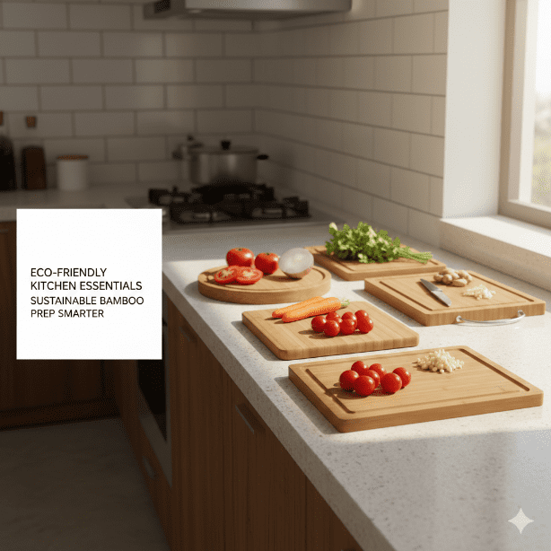 Eco-friendly bamboo cutting boards with fresh vegetables on a white kitchen counter.