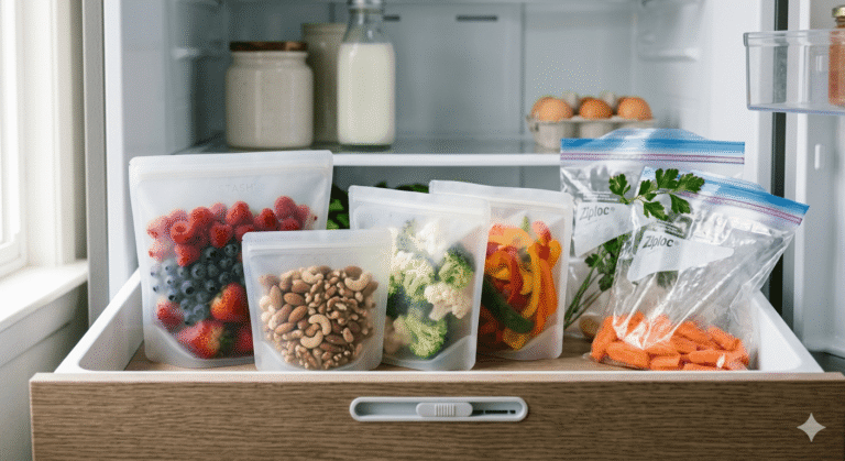 A comparison of reusable silicone food bags filled with berries, nuts, and broccoli next to disposable plastic zip-lock bags in an organized refrigerator drawer.