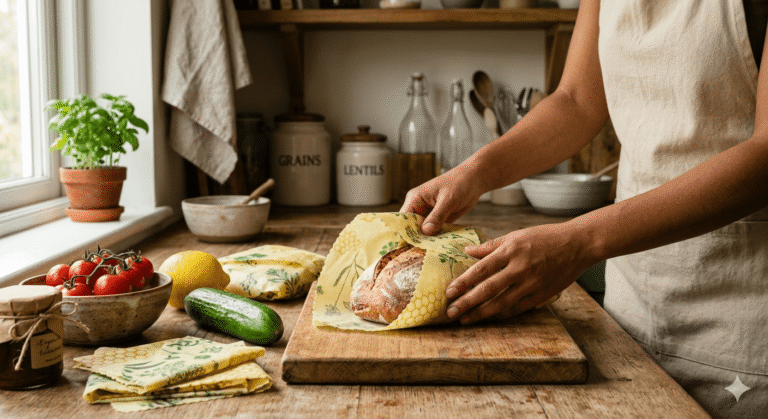 Hands wrapping a loaf of fresh sourdough bread in a yellow patterned beeswax food wrap on a wooden kitchen counter with vegetables.
