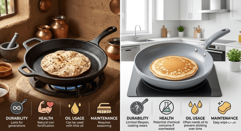 ​A split-screen infographic comparing a black cast iron pan cooking a roti in a rustic Indian kitchen (left) with a grey non-stick pan cooking a pancake in a modern white kitchen (right), including icons for durability, health, oil usage, and maintenance.
