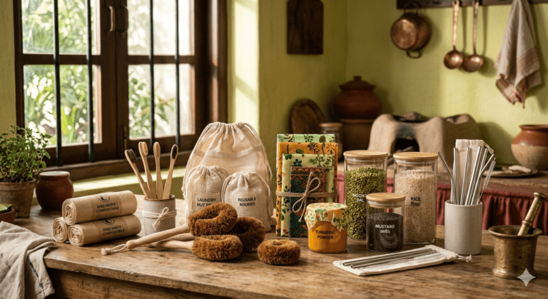 eco-friendly kitchen bundle on a rustic wooden counter. The collection includes bamboo toothbrushes, coconut coir scrubbers, stainless steel straws, beeswax wraps with traditional patterns, glass jars