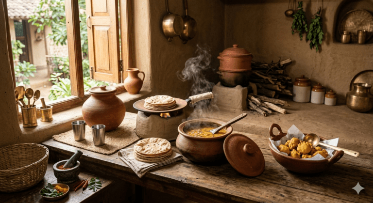 Indian kitchen featuring steaming dal in a clay pot, rotis on a tawa, and traditional earthen vessels on a wooden counter