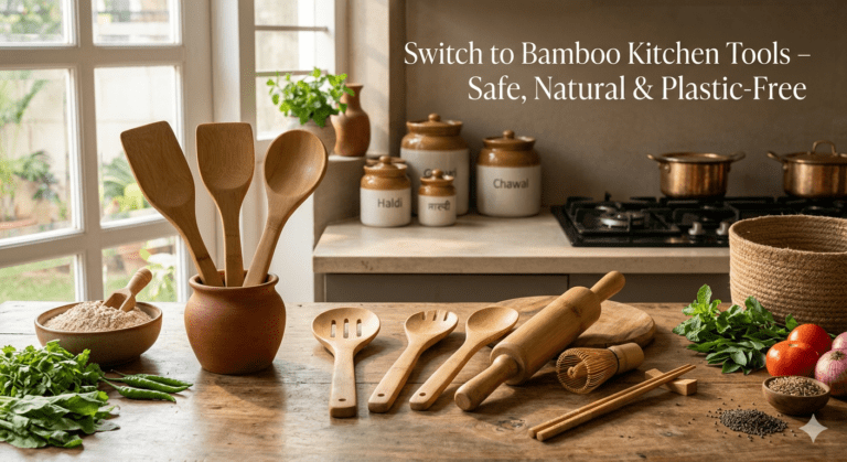 bamboo kitchen tools like spatulas and a rolling pin arranged on a rustic wooden counter with fresh ingredients.