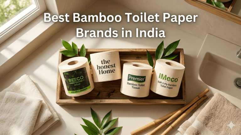 Beco, the honest Home, Premier, and IMeco bamboo toilet paper rolls on a wooden tray in a modern bathroom.