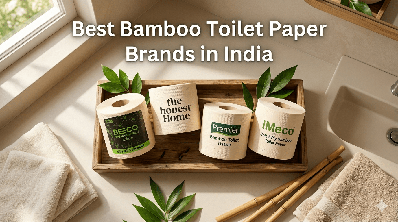 Beco, the honest Home, Premier, and IMeco bamboo toilet paper rolls on a wooden tray in a modern bathroom.