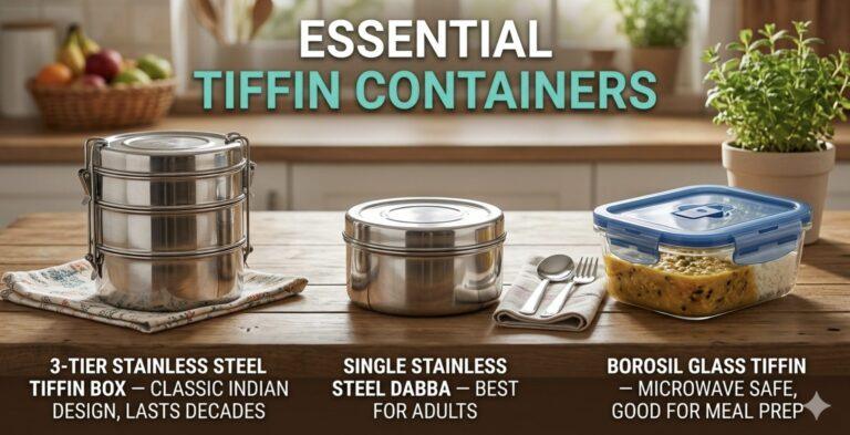 3-tier stainless steel tiffin, a single steel dabba, and a Borosil glass container, used for sustainable food storage.