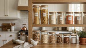 jars display various grains, pasta, spaghetti, rice, and lentils with minimalist labels.