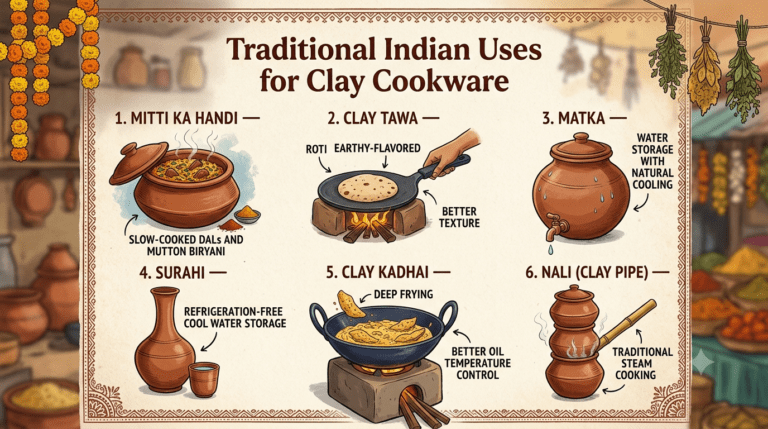 ​A vintage-style illustrative infographic titled "Traditional Indian Uses for Clay Cookware," displaying six different terracotta vessels and their purposes. The pots are rendered in a watercolor and sketch style, featuring a Mitti Ka Handi for biryani, a Clay Tawa with roti, a Matka for cooling water, a long-necked Surahi, a Clay Kadhai for deep frying, and a Nali (clay pipe) for steam cooking. The entire composition is framed by a traditional Indian border and background details of an earthenware workshop and a bazaar with marigold garlands.