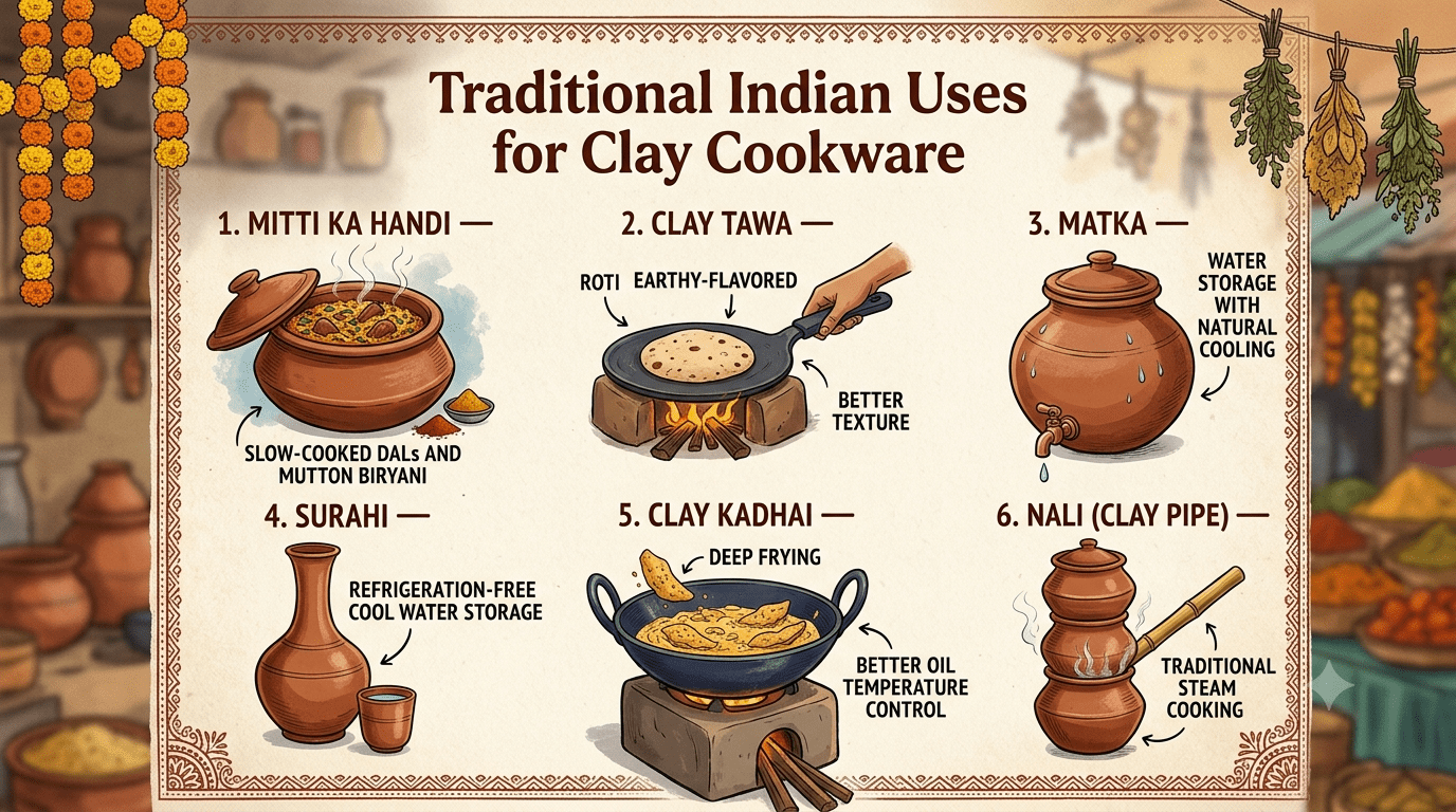 ​A vintage-style illustrative infographic titled "Traditional Indian Uses for Clay Cookware," displaying six different terracotta vessels and their purposes. The pots are rendered in a watercolor and sketch style, featuring a Mitti Ka Handi for biryani, a Clay Tawa with roti, a Matka for cooling water, a long-necked Surahi, a Clay Kadhai for deep frying, and a Nali (clay pipe) for steam cooking. The entire composition is framed by a traditional Indian border and background details of an earthenware workshop and a bazaar with marigold garlands.